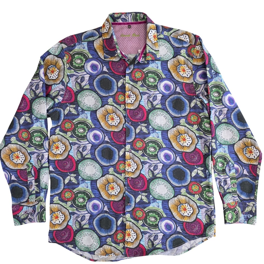 Visconti Black Shirt Mens XXL Magic Mushrooms Psychedelic Long Sleeve Button Up‎